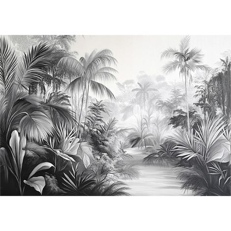 Papier peint panoramique jungle noir et blanc intissé 150x105 cm mural salon chambre petit format