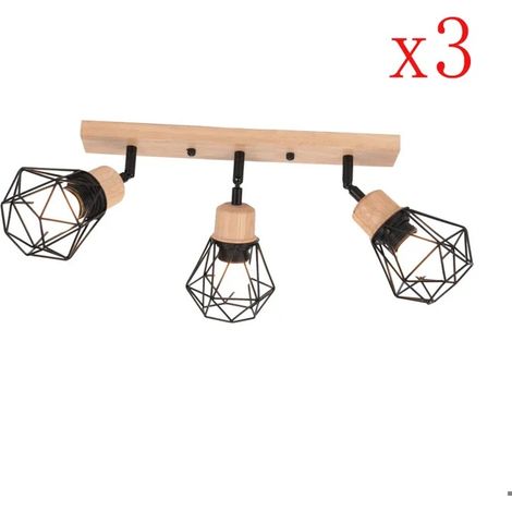 3x Plafonnier 3 Spots Industriel,Plafonnier Spot Vintage en Métal Abat-jour Design Cage avec Base Rectangulaire en Bois,Noir (1/5)