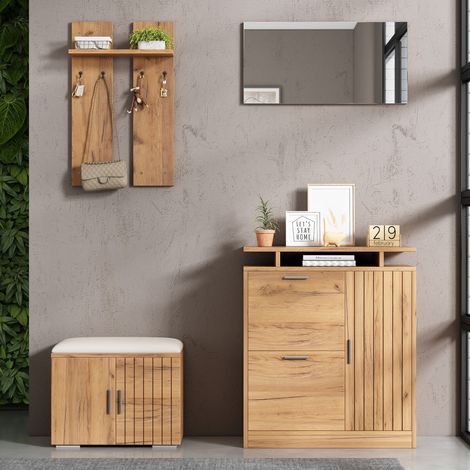 Vestiaire d'entrée mural 140 x 35 x 133 cm avec banc à chaussures et armoire à chaussures, 1 miroir, 4 patères, 5 portes, bois, naturel (1/5)