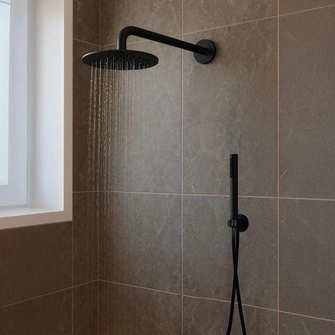 Kit set incasso doccia braccio,soffione e doccino con flessibile e presa acqua modello round tondo nero opaco soffione-braccio-flessibile-doccino-presa acqua - 1/2" AMBRA WATER