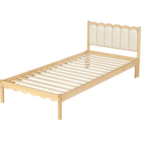Cama infantil 90x200 cm de madera beige con cabecero acolchado PU y somier de láminas (1/5)