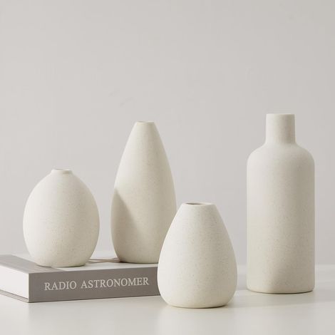 Lot de 4 Vases en Céramique Blanche - Design Minimaliste et Texturé - Pour Fleurs Fraîches ou Séchées - Décoration Intérieure Moderne - Tailles Variées (1/5)