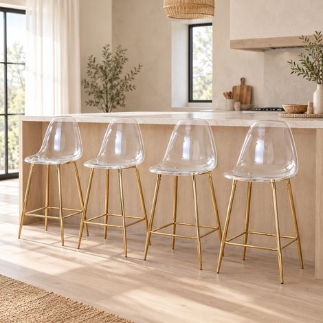 Tabourets de bar transparents, lot de 4, structure en métal doré HAVRYA (1/5)