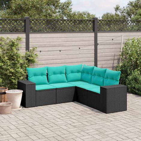 5-teiliges Gartensofa-Set mit Kissen, schwarzes Polyrattan (1/5)