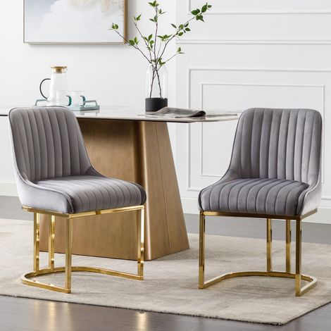 Wahson 2 PZ Sedie da Pranzo in Velluto con Gambe in Metallo, Sedia Imbottita con Schienale Sedia Moderna Design,per Sala da Pranzo/Soggiorno, Grigio
