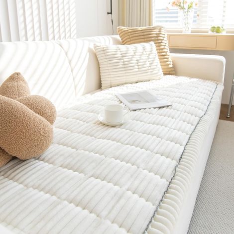 Thick, Non-Slip White Sofa Cover for 2, 3, or 4 Seater Sofas, 70x150cm/1 PC Soft Corduroy Sofa Cover, Corner Sofa Cover for Dogs, Protective Sofa Cover for Leather Living Room Sofa (1/5)