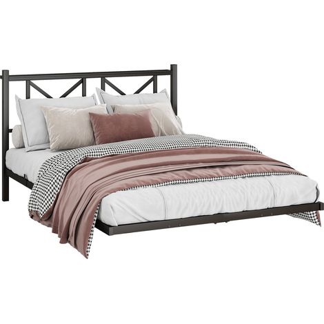 HOMVRA Cama doble 140x200 cm de metal negro con LED, estación de carga y cabecero (1/5)