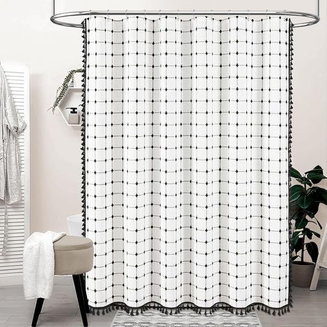 Cortina de ducha bohemia con borlas, de tela de lino, ideal para la decoración del baño, 92 x 183 cm (fondo blanco con cuadros negros). (1/5)