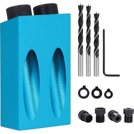 JSSEVN - 14-Piece Pocket Hole Jig Set, 15° Oblique Drilling Jig, with 6/8/10mm Adapter, Oblique Positioner Locating Tool (1/5)