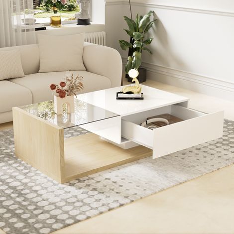 Table basse 105x55x32.5cm plateau en verre trempé LED réglable en panneau de particules blanc et couleur naturelle (1/5)