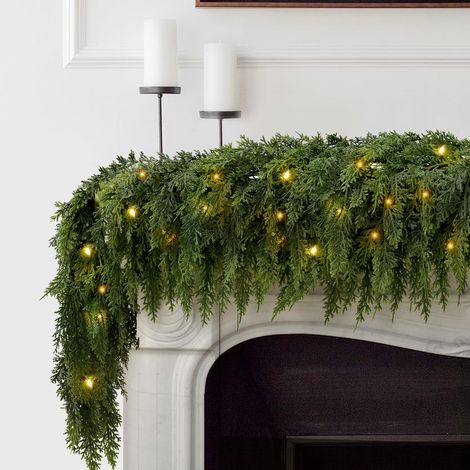 Guirnalda navideña de cedro de 2,74 m (9 pies), paquete de 2, con 100 luces LED y 240 ramas de pino artificiales realistas, ideal para decorar una (1/5)