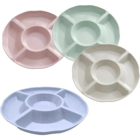 Plateau de service à fruits 4 pièces avec 5 compartiments, plateau rond réutilisable en plastique pour amuse-gueules, fruits et collations (1/2)