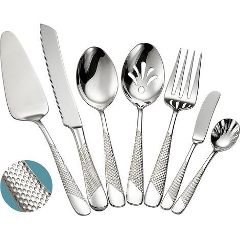 Lot de 7 couverts de service en acier inoxydable martelé 18/10 – Couverts d'hôtesse avec couteau à gâteau et pelle à gâteau (Argenté) (1/5)