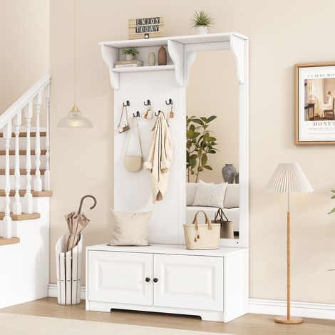 Garderobe mit Spiegel, 5 Kleiderhaken, 2 Schränken und Regal, Flurgarderobenständer mit Schuhschrank, Kompaktgarderobe, Weiß, 100 x 40 x 180 cm (1/5)