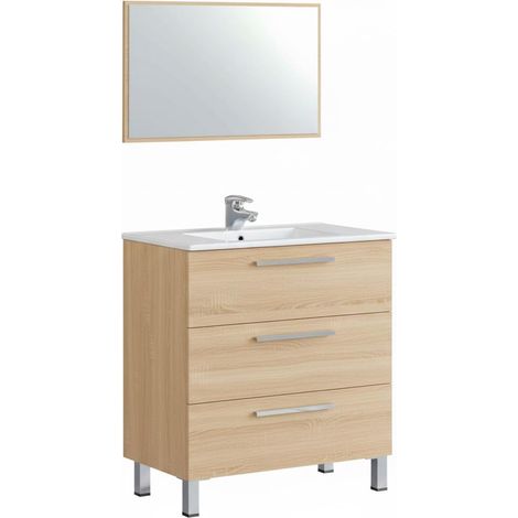 Mobile Bagno A Terra Con 3 Cassetti Lavabo In Ceramica E Specchio 77 x 50 Cm Inclusi Design Moderno Salvaspazio Elegante E Funzionale 80 x 45 x 86 Cm Colore Rovere Chiaro