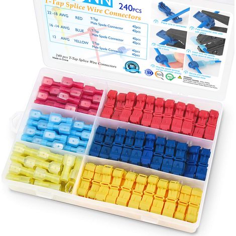 Lot de 240 connecteurs en T pour câbles, connecteurs à épissure rapide, avec étui de rangement.