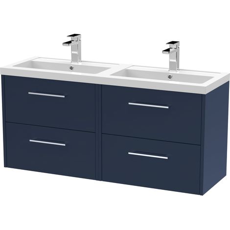 Winshill Contemporary 4 Drawer Wall Hung Vanity Unit with Double Basin, Dark Blue, 1200mm