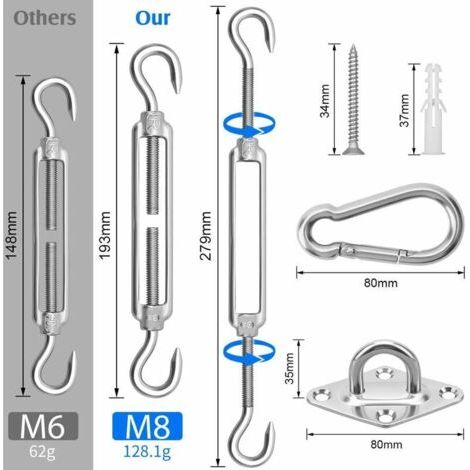 Kit de fixation de voile d'ombrage M8 très résistant, kit de fixation pour auvent en acier inoxydable 304 pour triangle et carré, kit d'accessoires (M8) (1/4)