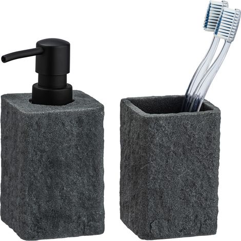 WENKO Seifenspender und Zahnputzbecher Villata, Grau, 2-teiliges Set, Grau, Polyresin anthrazit (1/2)