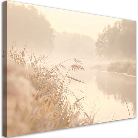 Toile Imprimée, Rivière forêt dans le brouillard style bohème beige,30x20 (1/4)