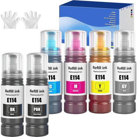 Encre Compatible avec Epson 114 Bouteille d'encre Multipack pour EP ET-8500 ET-8550 (6-Pack, Noir/Photo Noir/Cyan/Magenta/Jaune/Gris) (1/5)