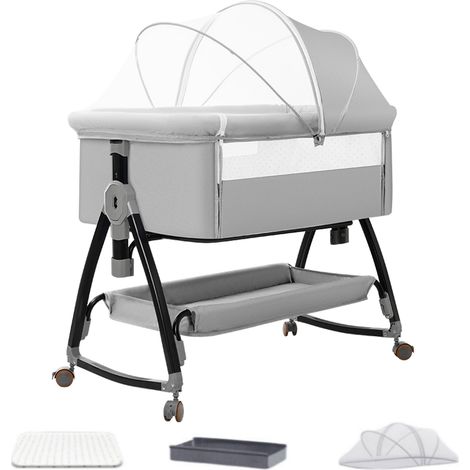 Lit Bébé, Pour 0-18 Mois, 6 Hauteur Réglable, Avec Matelas et Moustiquaire Table à Langer, Mode Balancelle et Inclinaison, Gris (1/5)