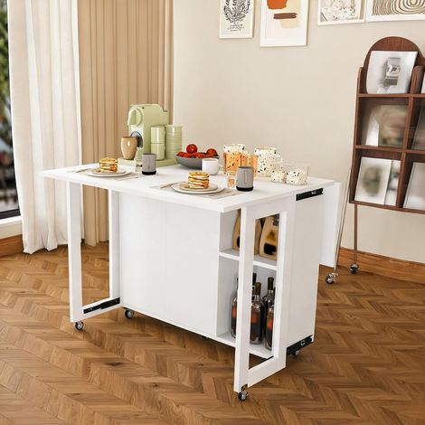Table pliante multifonction blanche avec roulettes et rangement (1/5)