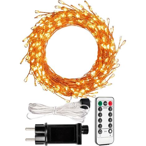 Guirlande Lumineuse Pétard 10M, 300 LED Blanc Chaud, Alimentation Secteur, Fil de Cuivre Flexible, Télécommande, Décoration Intérieure et Extérieure pour Noël, Jardin, Chambre, Fêtes