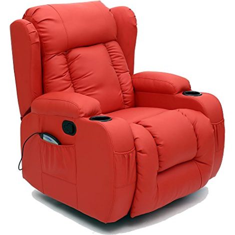 CAESAR 10 IN 1 WINGED LEATHER RECLINER CHAIR ROCKING MASSAGE SWIVEL HEATED RED (1/5)