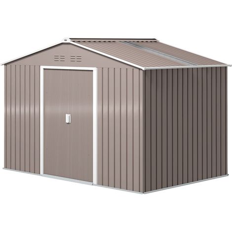 Cobertizo para herramientas de acero galvanizado 4,9m² 277x195x192cm cobertizo para herramientas con techo a dos aguas, cimientos, puerta corredera con cerradura, cobertizo de jardín resistente a la i (1/5)