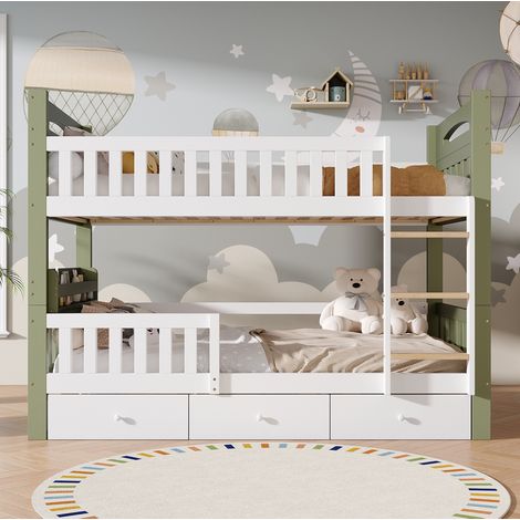 MEUBLIV Kinder-Etagenbett 90x200 cm Holz Weiß/Grün mit 3 Schubladen, ohne Matratze (1/5)