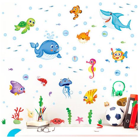 Enfants, animaux marins, dauphins, stickers de poisson, décoration murale de chambre à coucher, stickers muraux de salle de bains de pépinière d'enfants 50 70cm 2pcs (1/5)