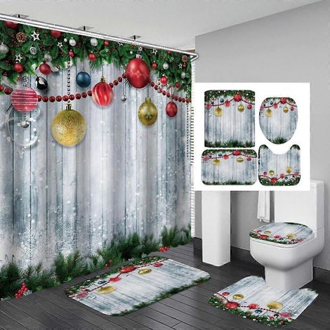 Ensemble de douche 4 pièces Joyeux Noël avec rideau, tapis antidérapant, tapis de bain, couvre-toilette et 12 crochets, motif sapin de Noël, boules et flocons de neige rouges (1/5)