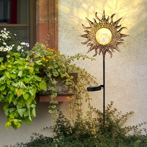 Gartendeko für draußen Sonne Solarlampen für Außen stehend Garten Solarleuchte, Crackle Glaskugel, rostfarben, LED warmweiß, BxH 24,2x81,5 cm