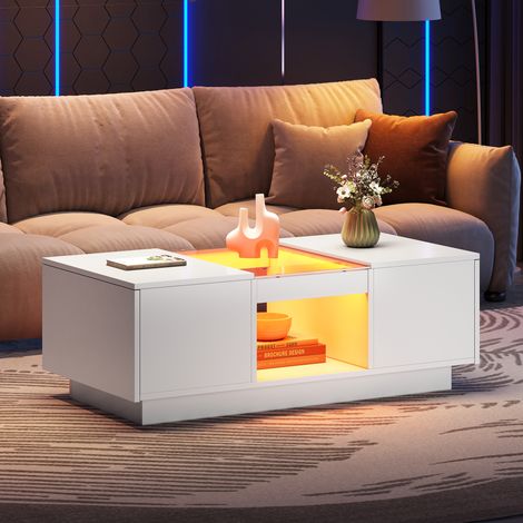 Table basse blanche rectanculaire avec LED et 2 tiroirs, panneaux en verre, 100 x 50 x 35,5 cm