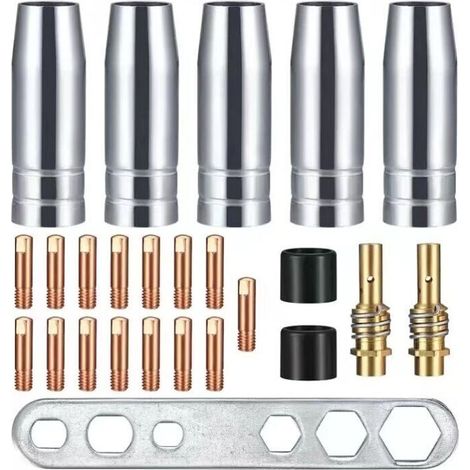 25 Embouts de Contact de Buse de Soudage, Support de Connecteur de Gaz, Soudage Adaptés pour AK-15/MB-15, 5 x Buses à Gaz, 15 x Buses M6 0,8 mm, 2 x Poignées de Buse, 2 x Isolateurs (1/5)