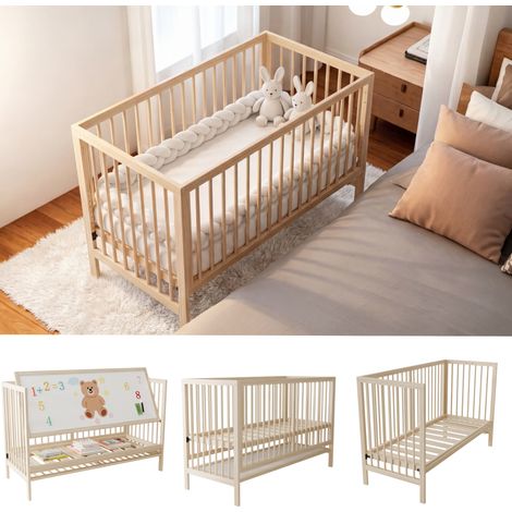 Lit Bébé Bois 120x60x90 cm, Multifonction: Berceau, Chevalet, Bureau, Hauteur Réglable, Pin, sans Matelas, Naturel