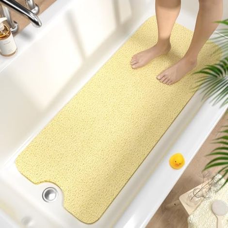 Tapis de Baignoire Antidérapant 100x40cm, Extra Long Tapis de Douche Antiderapant, Loofah en PVC Souple Tapis Antidérapant Baignoire, Séchage Rapide Tapis de Bain, sans Ventouse, Beige (1/4)
