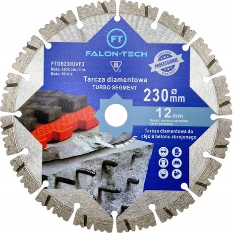 Disco diamantato FALON-TECH PRO da 230 mm per cemento armato, mattoni e cubi