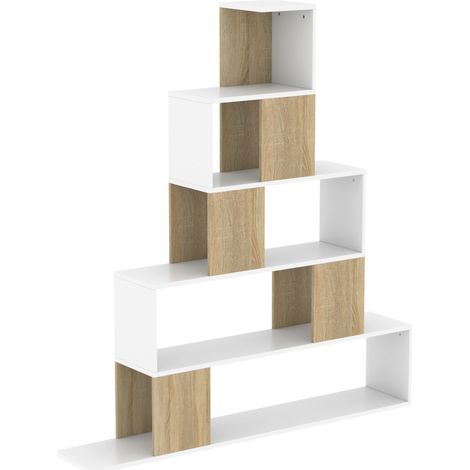 HOMCOM Scaffale 5 Ripiani con Design a Gradini Bianco e Naturale