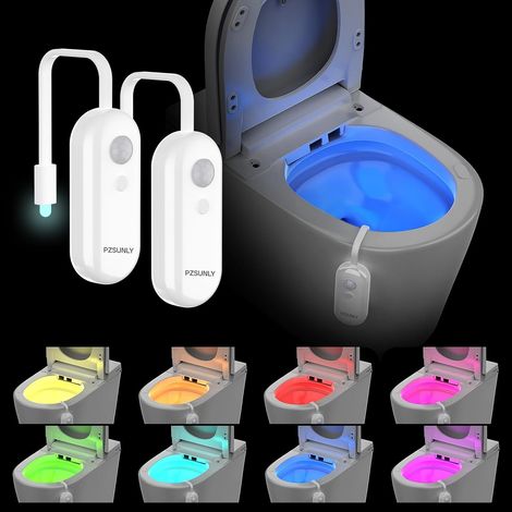 Lampe LED pour Toilette avec Détecteur de Mouvement, IP65 Étanche 8 Couleurs Lumière pour Toilettes, Rechargeable, Veilleuse Toilettes sans Fil pour Salle de Bain,Installation Facile,2 pièces (1/5)