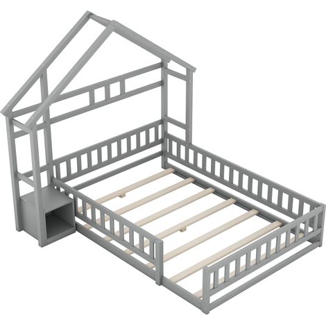 Hausbett Doppelbett mit Rausfallschutz und Nachttisch 140×200 cm, ohne Matratze, aus Kiefer und MDF, Grau (1/5)