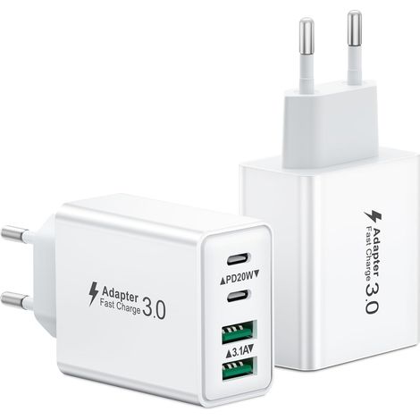Chargeur USB C, 40W 4 Port Prise Chargeur Rapide USB C, 2Pack Multiple Secteur Double PD+QC 3.1A Type C Adaptateur pour 17 16 15 14 13 12 11 Pro Max 8 7 6S Plus Mini SE, iPad, Galaxy (1/5)