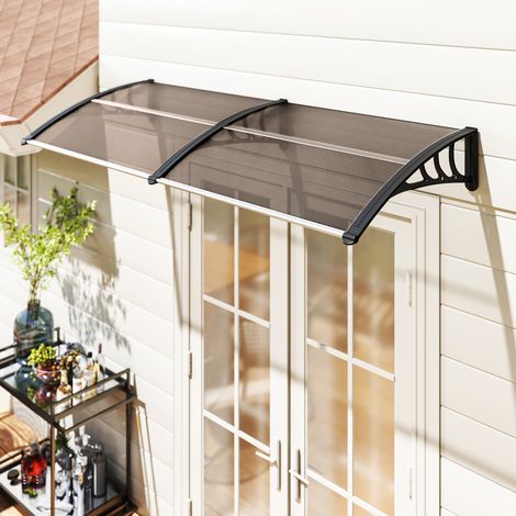 Auvent portes fenêtres 195x75cm panneaux polycarbonate barres aluminium, brun (1/4)