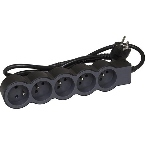 Multiprise Extra-Plate, 5 Prises 2P+T Avec Terre, Cordon 1,5m Noir Et Gris Foncé, 1 Prise À 90° Pour Chargeur Volumineux (1/5)