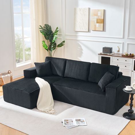 FloraGrace canapé d angle L 235 x 128 x 60 cm, corduroy noir, 2 coussins inclus, sans montage, 2 colis (1/5)