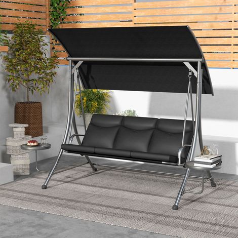 Altalena Hollywood, panchina a dondolo, altalena da giardino a 3 posti con parasole regolabile, 278 x 135 x 177 cm, nera