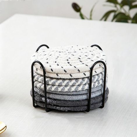 Juego de 8 posavasos absorbentes con soporte, de algodón, que miden 11 x 11 x 7,3 cm, en tonos grises. (1/5)