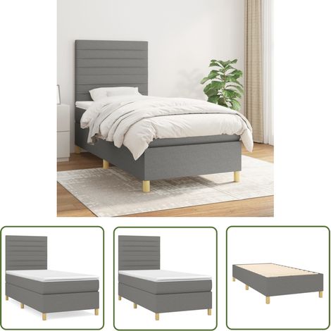 The Living Store Sommier à lattes de lit avec matelas Gris foncé 90x200 cm Tissu - Lit Plateforme - Lit Double - Literie - Matelas À Ressorts Ensachés - Têtière Ajustable (1/5)
