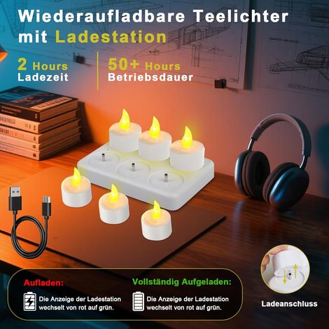 LED Teelichter Wiederaufladbar, 6 LED Kerzen Teelichter mit Fernbedienung und Ladestation, Flammenlose Flackernd Dimmbar Aufladbare Teelichter für Party Weihnachten Halloween Deko